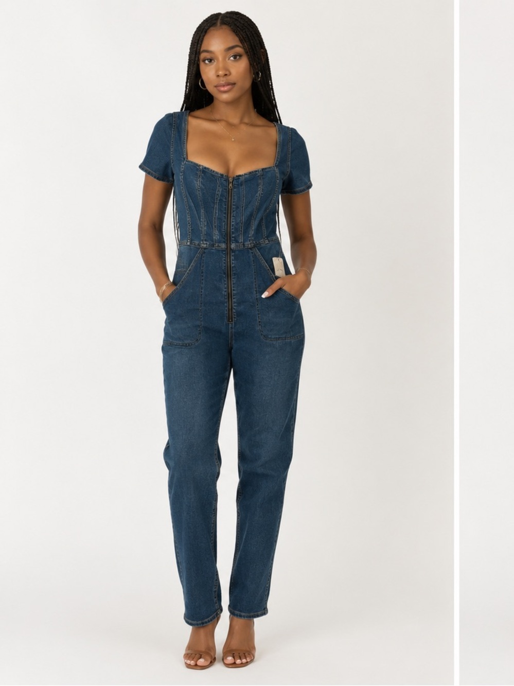 NWT We the Free People Denim Square Neck Fitted Jumpsuit One Piece